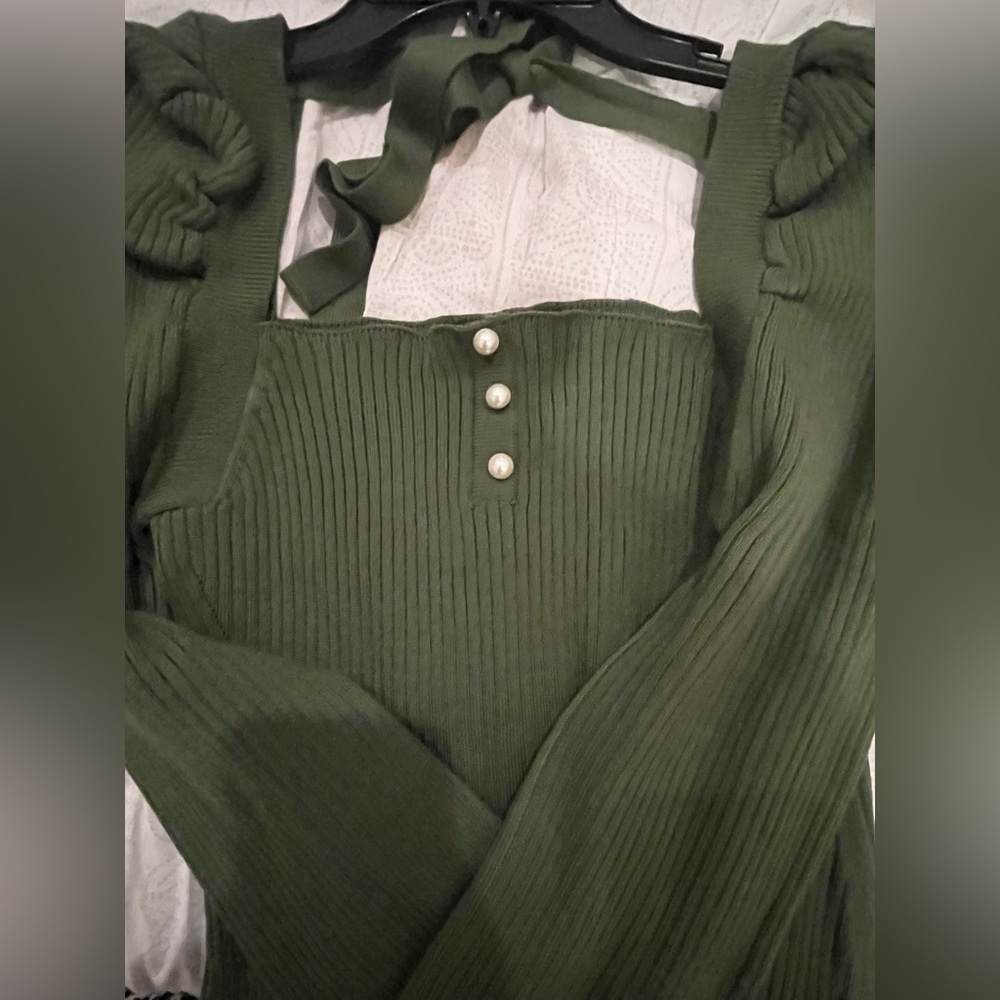LEYDEN Ribbed Sweater Dress Square Neckline Long Sleeve Tie Back Greek